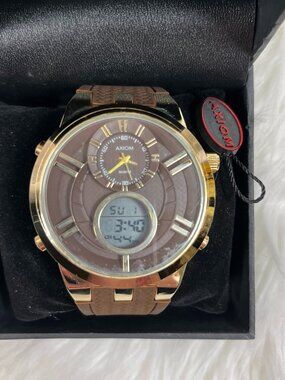 Axiom Men’s XL Analog Digital Watch Brown Gold Silicone Band NIB Working